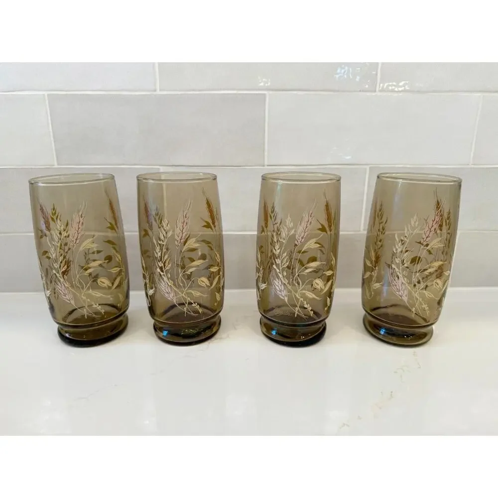 Vintage Anchor Hocking‎ Triguba Tawny Drinking Glass Wheat Design Set 4 Tumbler
